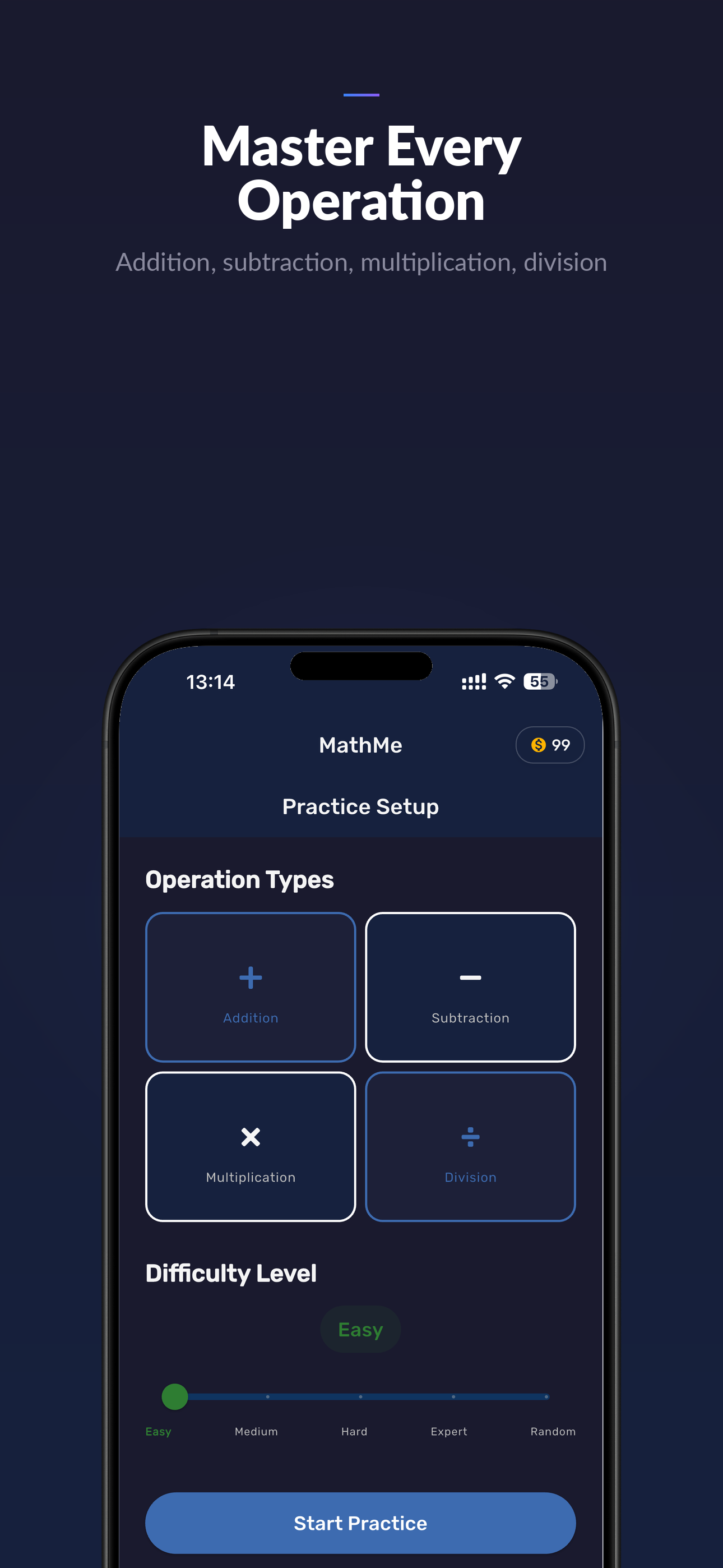 Practice mode — choose operations and difficulty